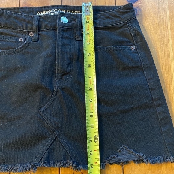 American Eagle Outfitters Hi Rise Festival Mini Jean Skirt Black Fringe Distress - Picture 12 of 12